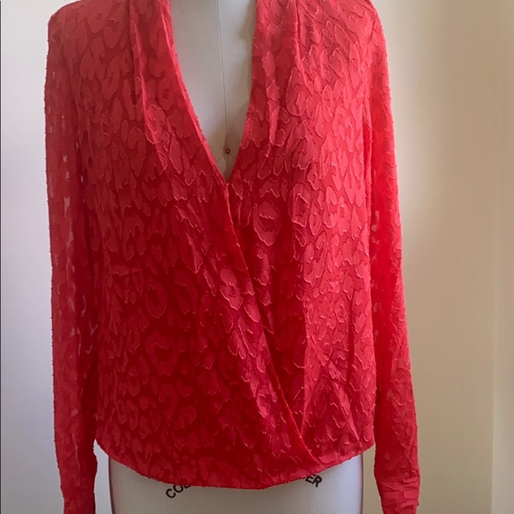BAR III Sheer coral long sleeve V line blouse